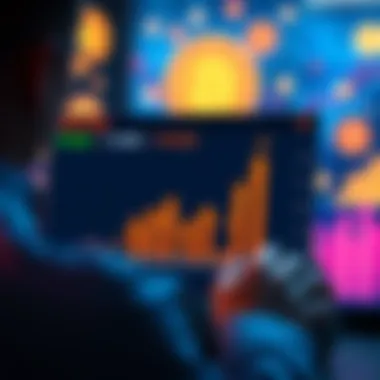 Earning on USDT/USDC A person reviewing a chart showing rising returns on USDT/USDC investments, with digital currency symbols in the background.
