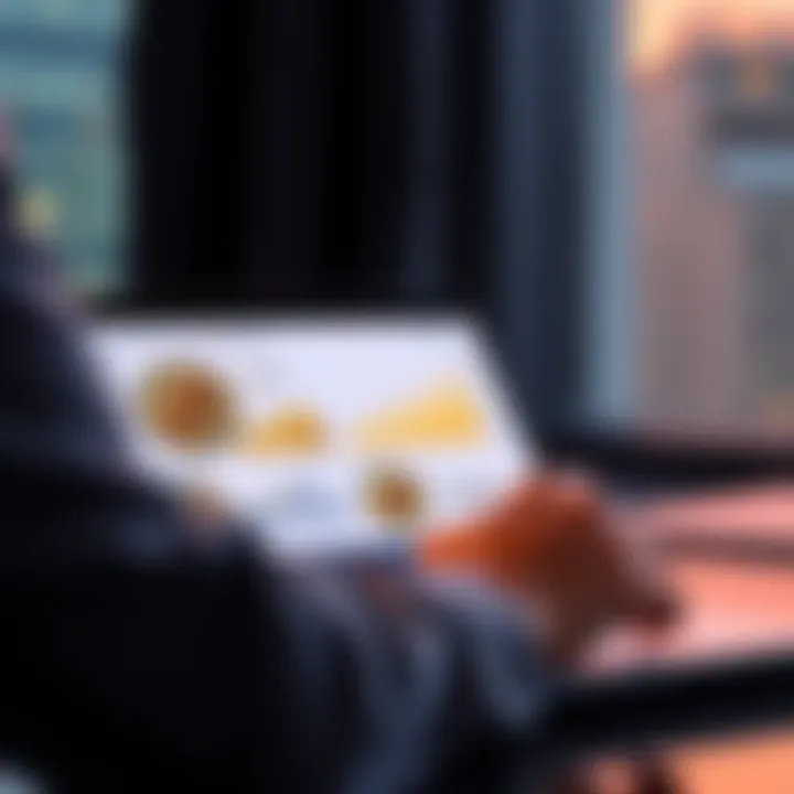 A person analyzing crypto platforms on a laptop, with stablecoin icons like USDC displayed. Charts showing growth and security features are visible on the screen.