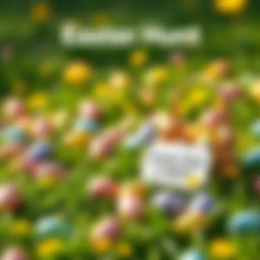 Easter Egg Hunt Colorful Easter eggs scattered in a grassy field with a basket filled with eggs and a sign promoting the hunt for USDT rewards.