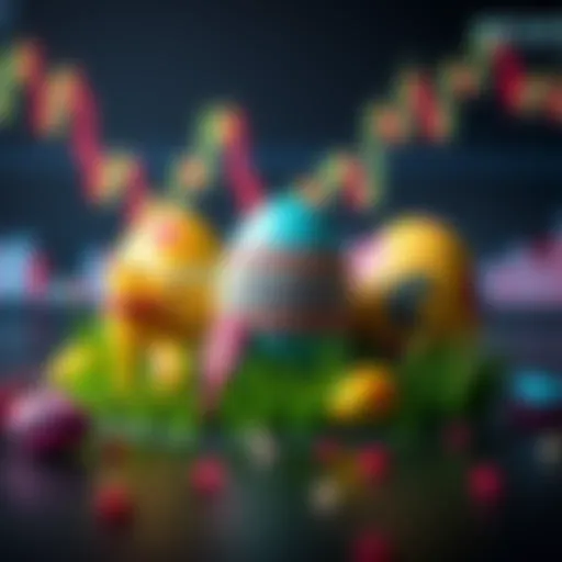 Colorful Easter eggs with symbols of $ATOM, $NLS, and $OSMO arranged on a trading chart background, symbolizing trading opportunities during Easter.