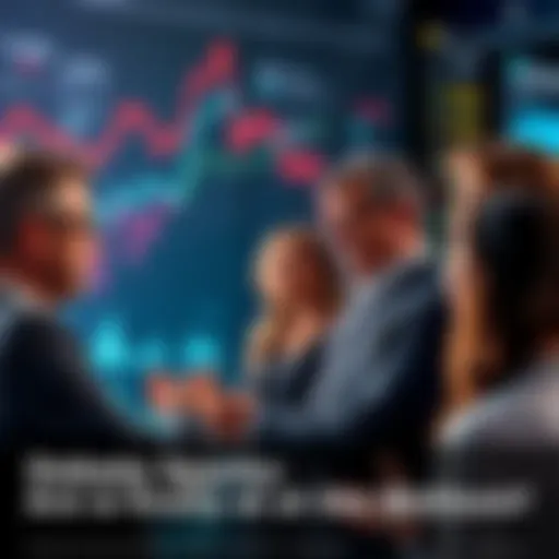 A group of people engaged in a serious conversation about economic trends, with charts and graphs in the background.