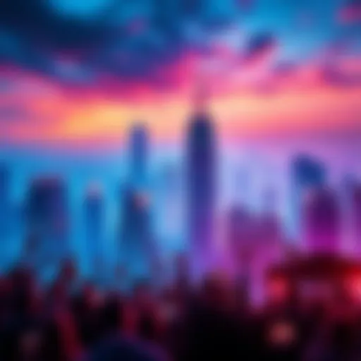A vibrant city skyline with people celebrating new business ventures and opportunities, reflecting economic growth.