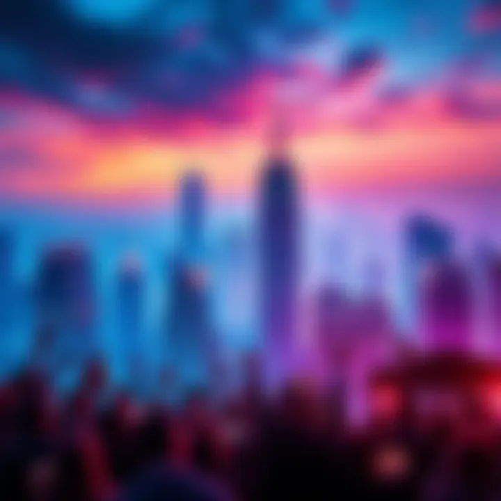 A vibrant city skyline with people celebrating new business ventures and opportunities, reflecting economic growth.