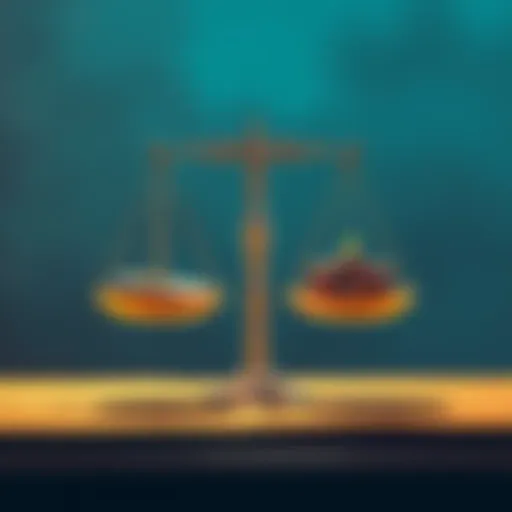 An illustration showing a balanced scale with money on one side and resources on the other, representing the Real Society's approach to economics.