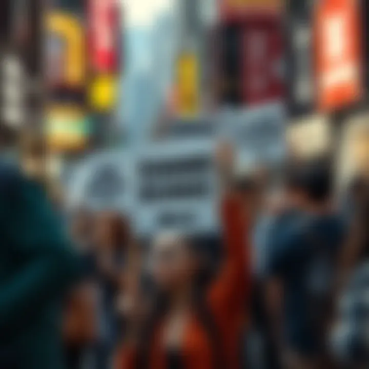 Economic Recovery Call A group of people holding signs demanding better pricing and economic recovery in a busy street.