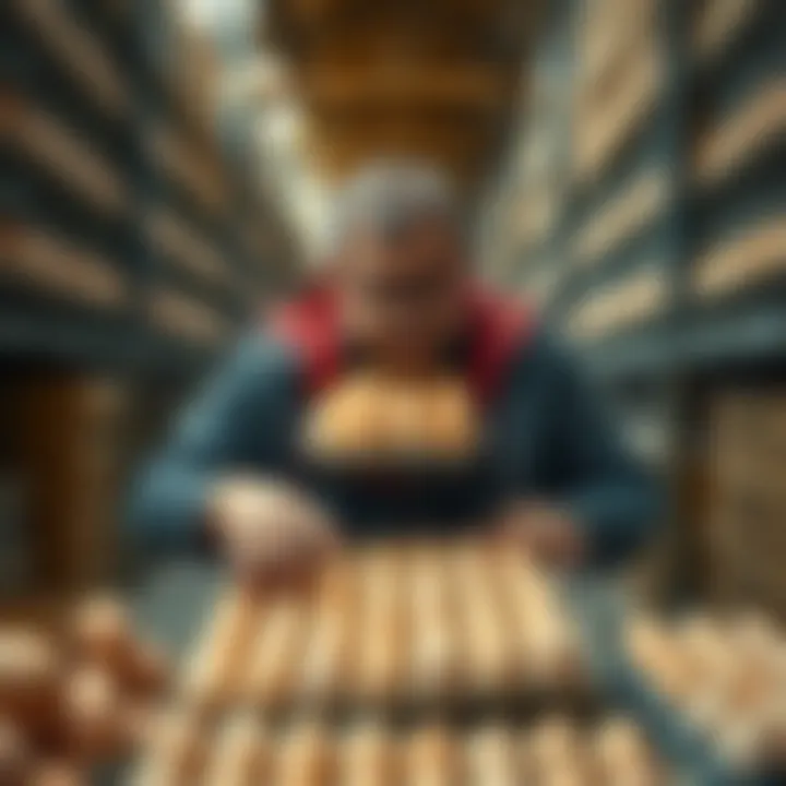The Egg Man holding cartons of eggs in a warehouse, surrounded by stacked boxes, illustrating his buying spree and impact on the market.