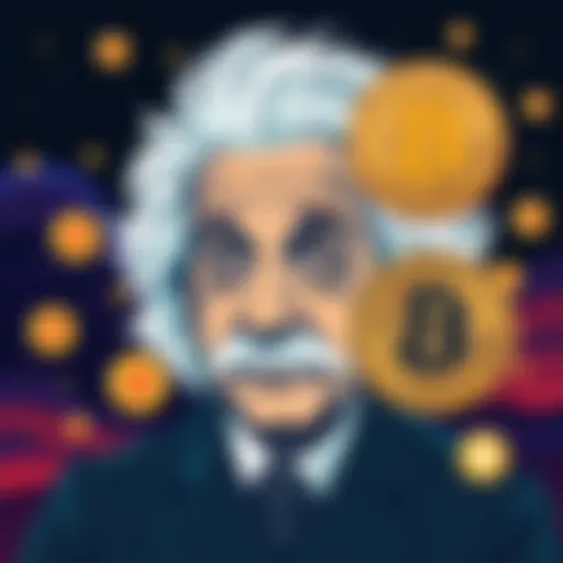 An illustrated comparison of Albert Einstein with Bitcoin symbols, showing the connection between relativity and fixed money supply, representing the idea of stable value in finance.