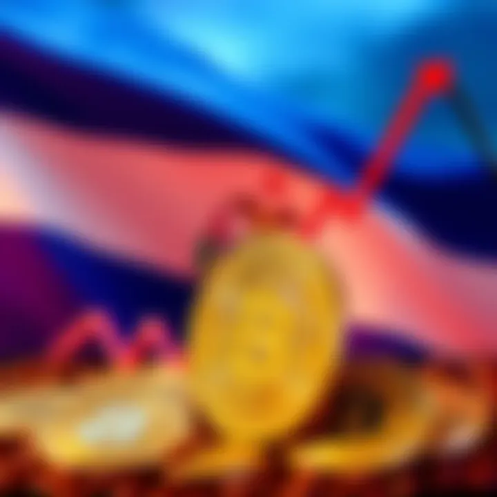 El Salvador's flag alongside a downward graph symbolizing the 32% drop in Bitcoin value, with coins representing Bitcoin in the foreground.