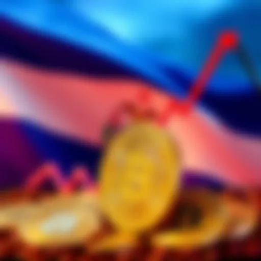 El Salvador Bitcoin Loss El Salvador's flag alongside a downward graph symbolizing the 32% drop in Bitcoin value, with coins representing Bitcoin in the foreground.