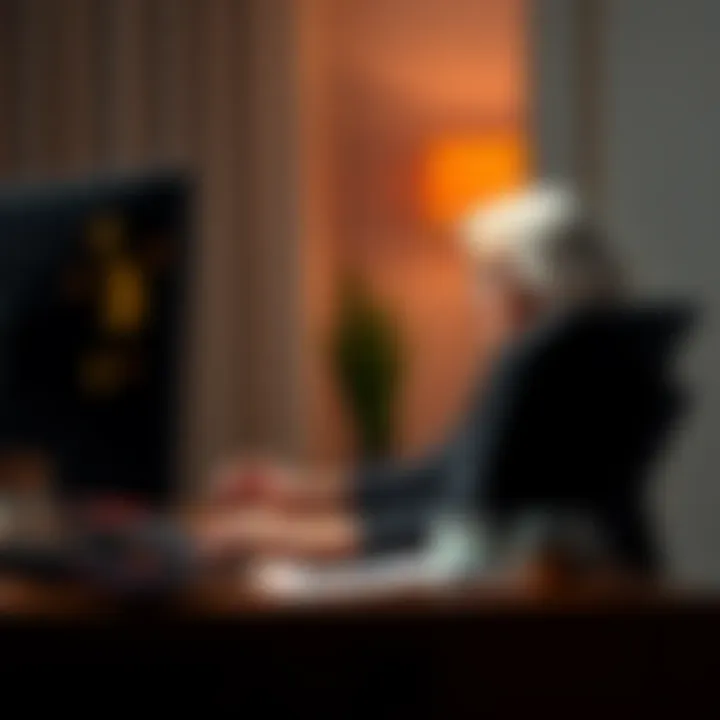 An elderly widow sitting at a desk, looking distressed while viewing a computer screen with cryptocurrency symbols, representing a romance scam.