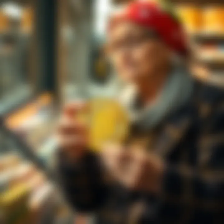 An 82-year-old woman holding a Bitcoin coin in a shop, discussing investment opportunities