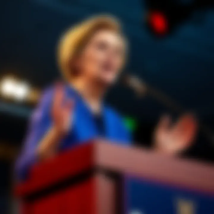 Elizabeth Warren speaking at a podium Senator Elizabeth Warren delivering a speech criticizing the Trump family's cryptocurrency ventures