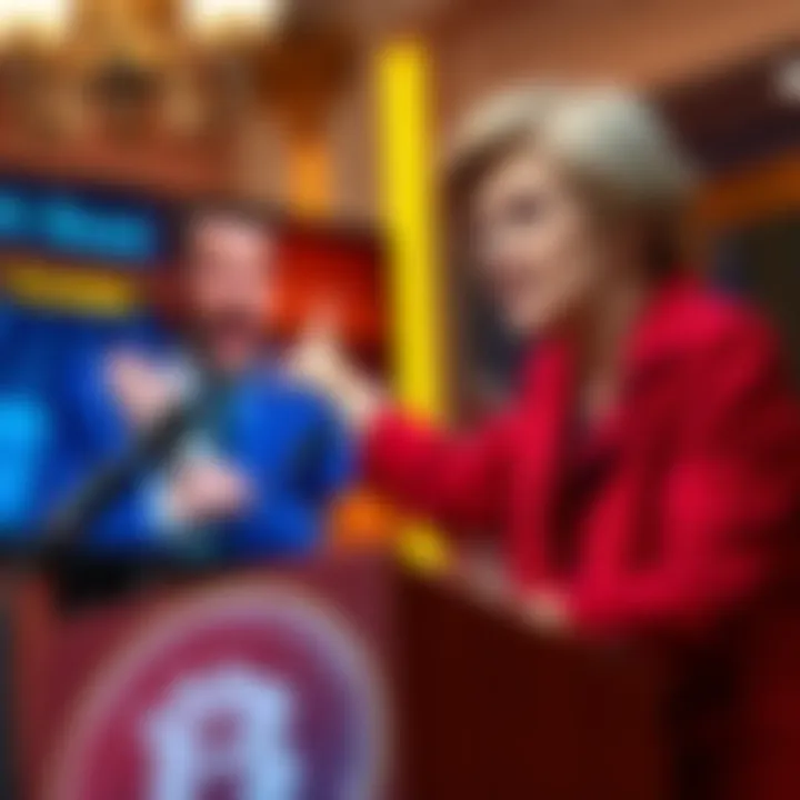 Senator Elizabeth Warren speaking at a podium about cryptocurrency while pointing to a screen with Mr Beast's image