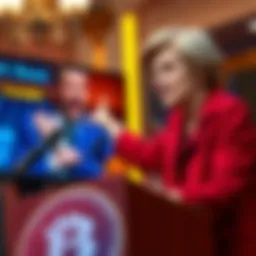 Elizabeth Warren discusses cryptocurrency Senator Elizabeth Warren speaking at a podium about cryptocurrency while pointing to a screen with Mr Beast's image