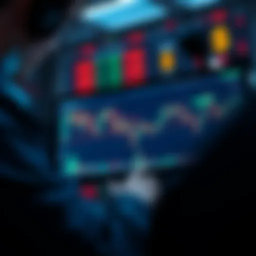 A trader analyzing crypto charts using the Elliot Wave Principle, with graphs and currency symbols displayed on a screen