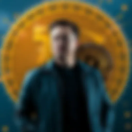 Elon Musk stands next to the Bitcoin symbol, emphasizing his net worth surpassing Bitcoin's market cap.