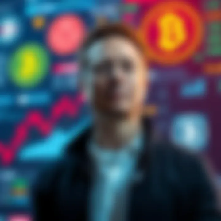 Elon Musk stands in front of digital icons representing cryptocurrency and stock trading, symbolizing new trading features on X.