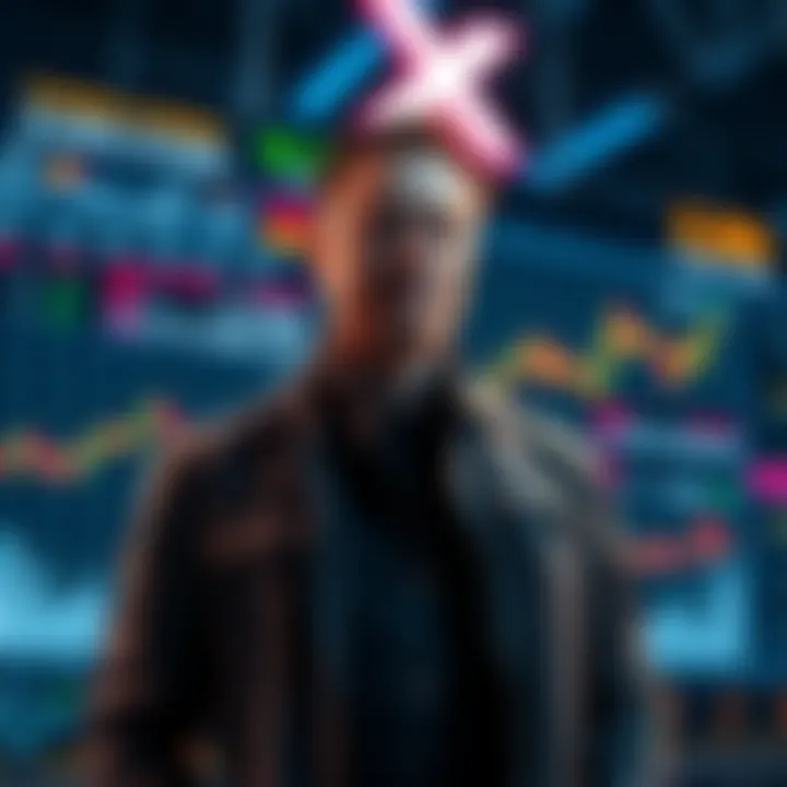 Elon Musk stands in front of a digital display showing cryptocurrency and stock trading graphics on X platform