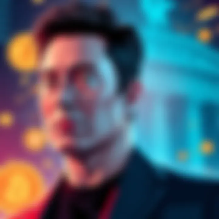 A conceptual illustration of Elon Musk with digital currency symbols and the Federal Reserve emblem in the background