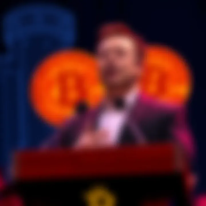 Elon Musk speaking at a podium with Bitcoin logos in the background, expressing support for cryptocurrency over traditional currencies.