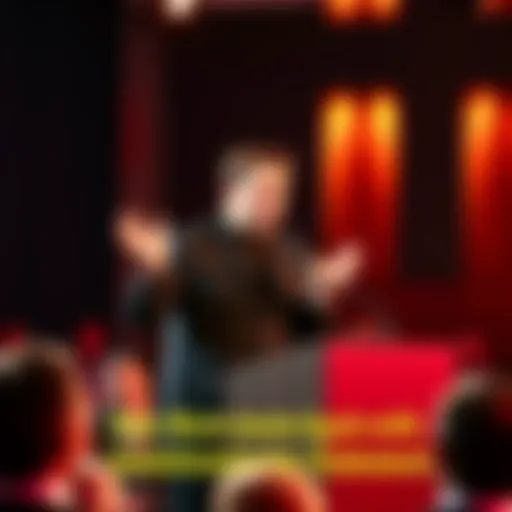 Elon Musk stands at a podium with a microphone, making a surprising statement to an audience