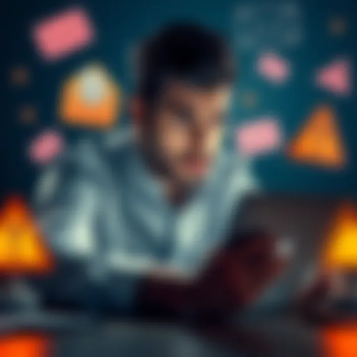 A person looking worried while checking a laptop with scam emails on the screen. Warning signs are visible around.