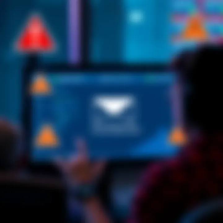 A person looking at a suspicious email on their computer, with warning signs around it