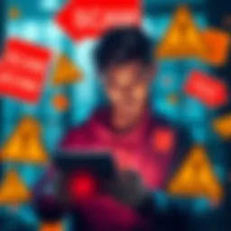 A person checking their email with a concerned expression, surrounded by warning signs of scams