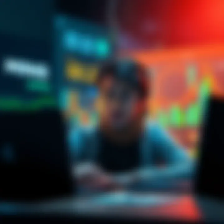 A person looking concerned while checking their email for verification after signing up for an account, with a laptop and mining graphics in the background.