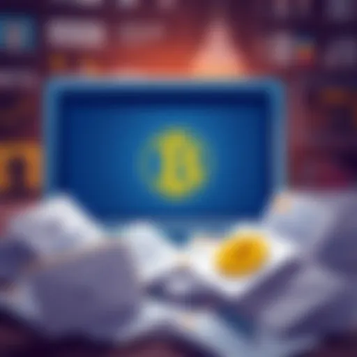 Emails about Bitcoin Illustration of emails discussing Bitcoin connections, featuring a computer screen with the Bitcoin logo and documents scattered around.