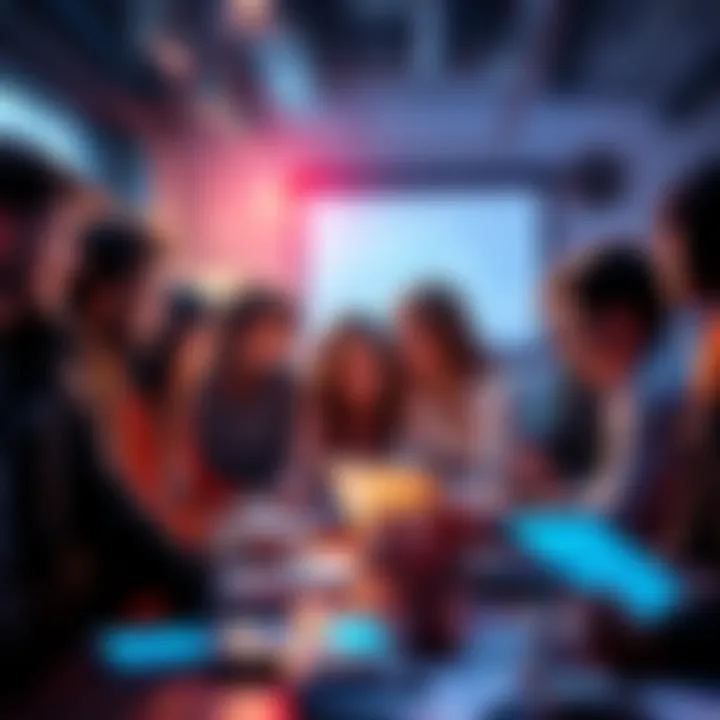 A group of diverse people discussing technology and market trends in a lively setting, with digital devices and charts around them.