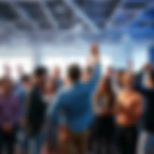 A diverse group of people celebrating and giving positive feedback to each other in a vibrant office setting.
