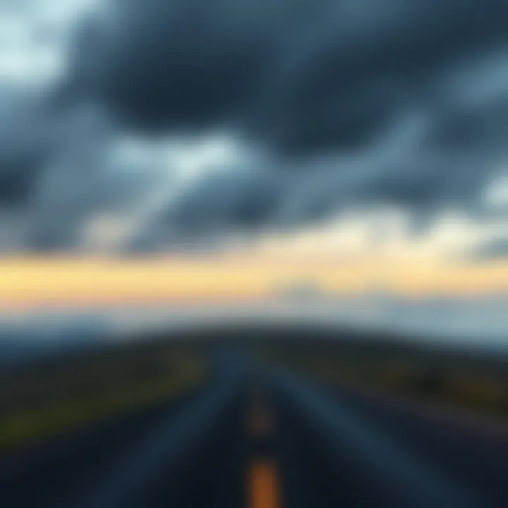 A winding road leading to a distant horizon with dark clouds gathering above, symbolizing uncertainty and potential endings.