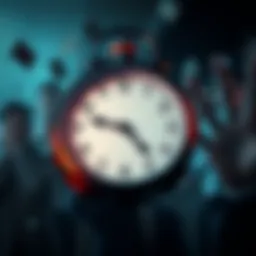 A clock with its hands pointing towards a deadline, symbolizing the end of a Ponzi scheme, with worried investors in the background