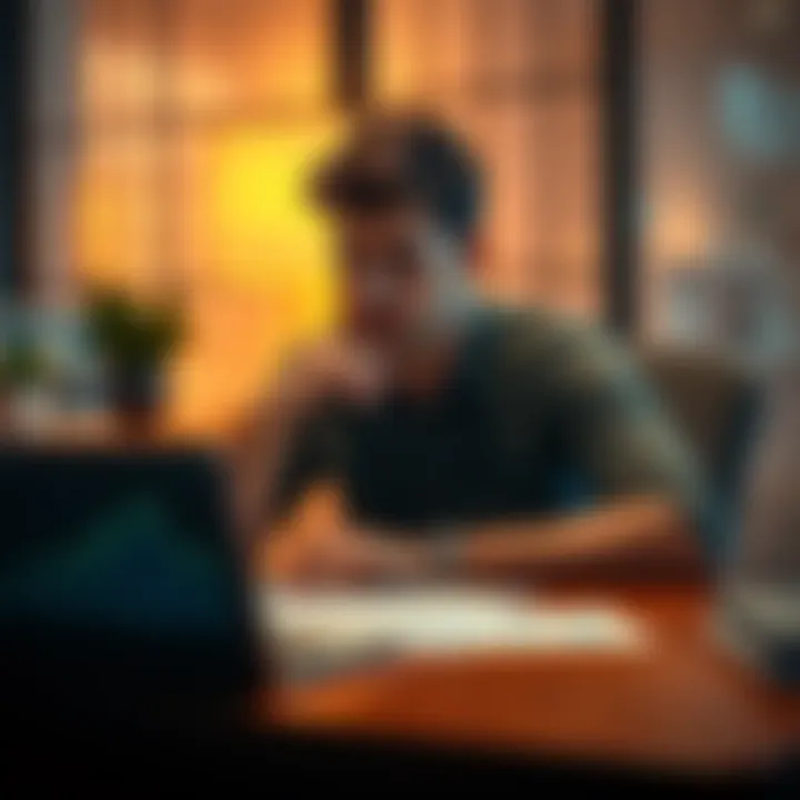 A young engaged man sitting at a table, looking thoughtfully at financial charts and a laptop, representing his crypto investment journey, balancing risk and security for his future.