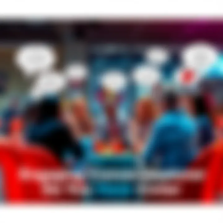 A group of people sitting in a circle, chatting and laughing, with speech bubbles illustrating various light-hearted topics.