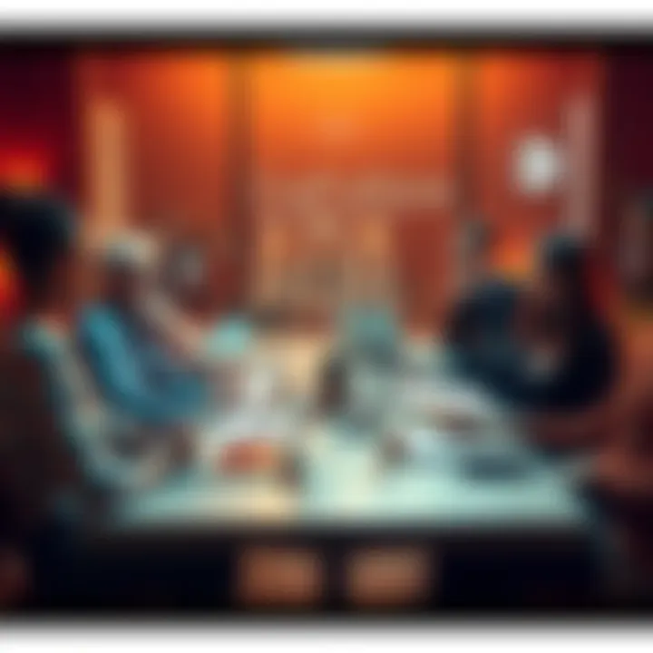 A group of people debating and sharing ideas around a table with laptops and notepads