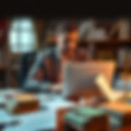 A determined entrepreneur sitting at a desk with a laptop, looking thoughtful and stressed while surrounded by legal books and papers, symbolizing challenges in the legal tech industry.