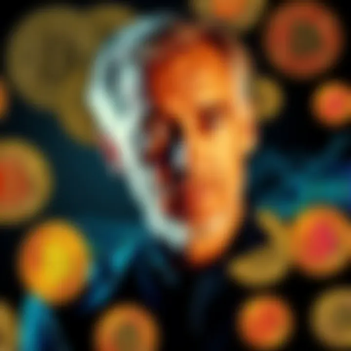 A collage of Jeffrey Epstein's photo alongside Bitcoin logos and digital currency imagery, highlighting the theory of his connection to Bitcoin's creation.