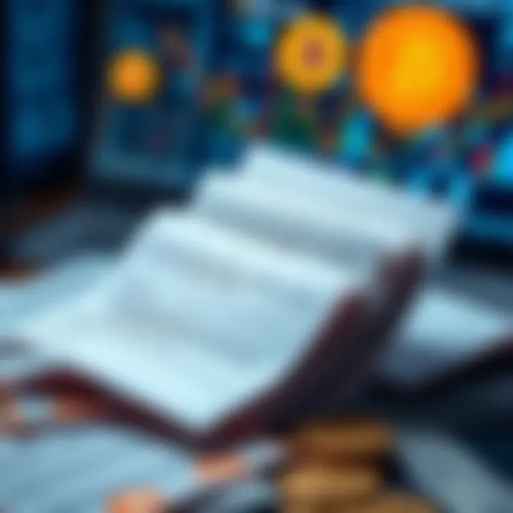 A visual of printed emails discussing concepts of a Bitcoin-like digital currency, with money symbols and computer graphics in the background.