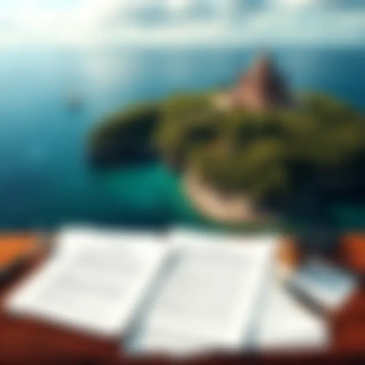 Aerial view of Epstein's Island with legal papers spread out on a table