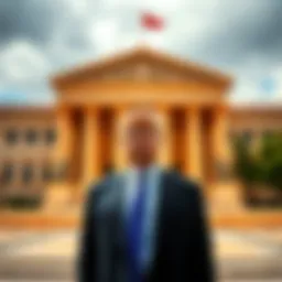 Eric Trump stands in front of a courthouse, while Justin Sun is shown in a distant view, representing the legal dispute between them.
