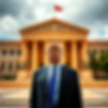Eric Trump stands in front of a courthouse, while Justin Sun is shown in a distant view, representing the legal dispute between them.