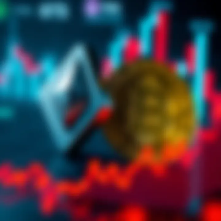 Ethereum and Bitcoin symbols with a declining chart A visual showing Ethereum and Bitcoin symbols alongside a chart indicating Ethereum's declining performance, representing the idea of switching between the two cryptocurrencies.