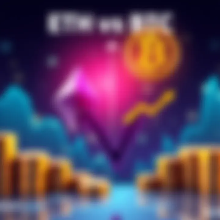 A comparison chart showing Ethereum perceived as riskier than Bitcoin, with upward and downward trend arrows for each cryptocurrency.