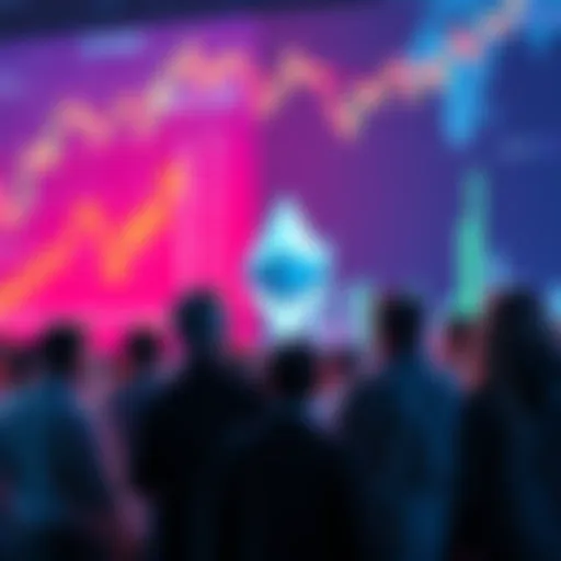 Group of people discussing Ethereum's future with charts and graphs in the background
