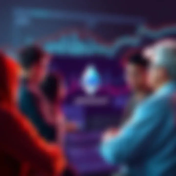 Ethereum community discussion A group of people engaging in a discussion about Ethereum, surrounded by charts and graphs related to cryptocurrency.