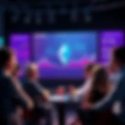 A group of people engaging in a discussion about Ethereum, with charts and graphs representing market trends displayed on a screen in the background.