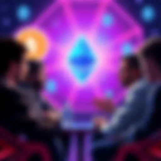 A group of people discussing cryptocurrency and DeFi topics, with Ethereum symbols in the background.