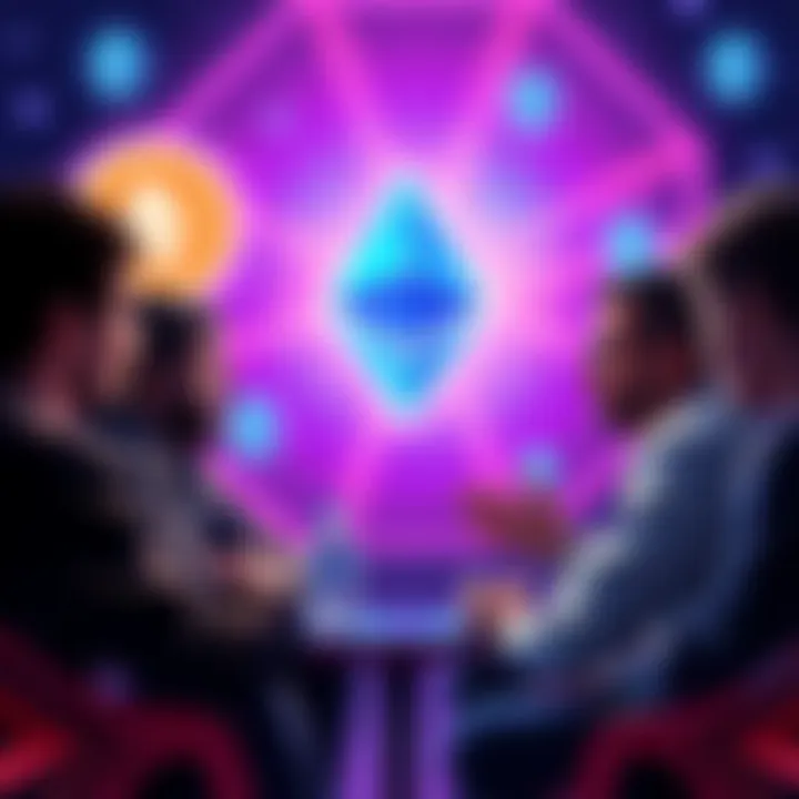 A group of people discussing cryptocurrency and DeFi topics, with Ethereum symbols in the background.